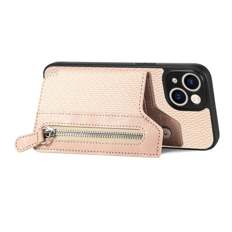 C1-04 For iPhone 14 Zipper Pocket PU Leather+PC+TPU Case Phone Cover with Card Holder