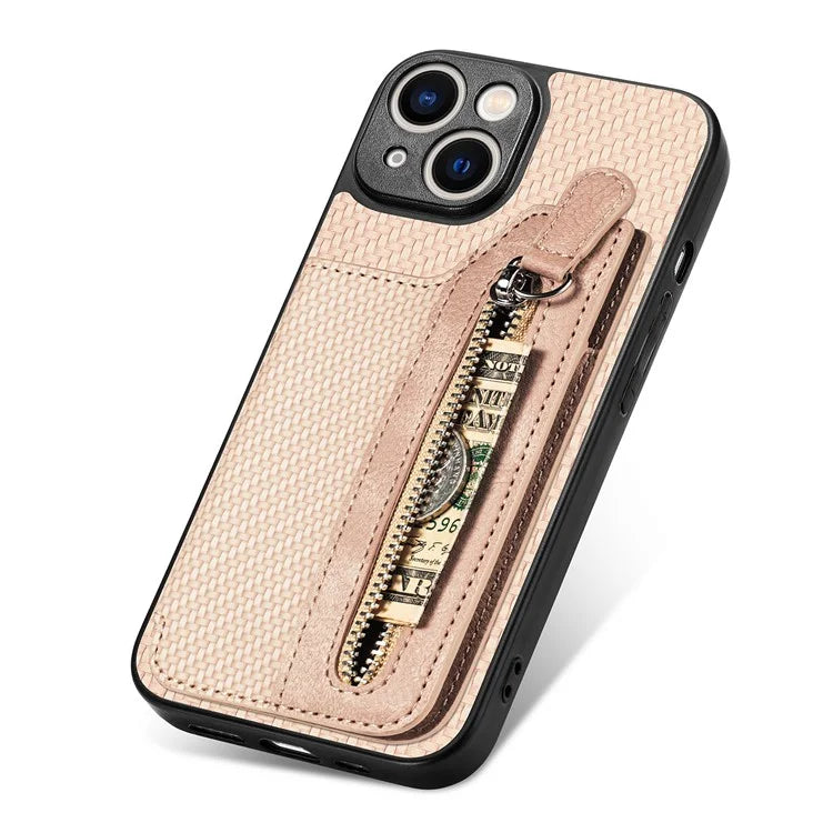 C1-04 For iPhone 14 Zipper Pocket PU Leather+PC+TPU Case Phone Cover with Card Holder