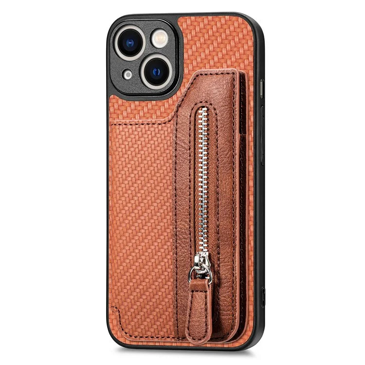 C1-04 For iPhone 14 Zipper Pocket PU Leather+PC+TPU Case Phone Cover with Card Holder