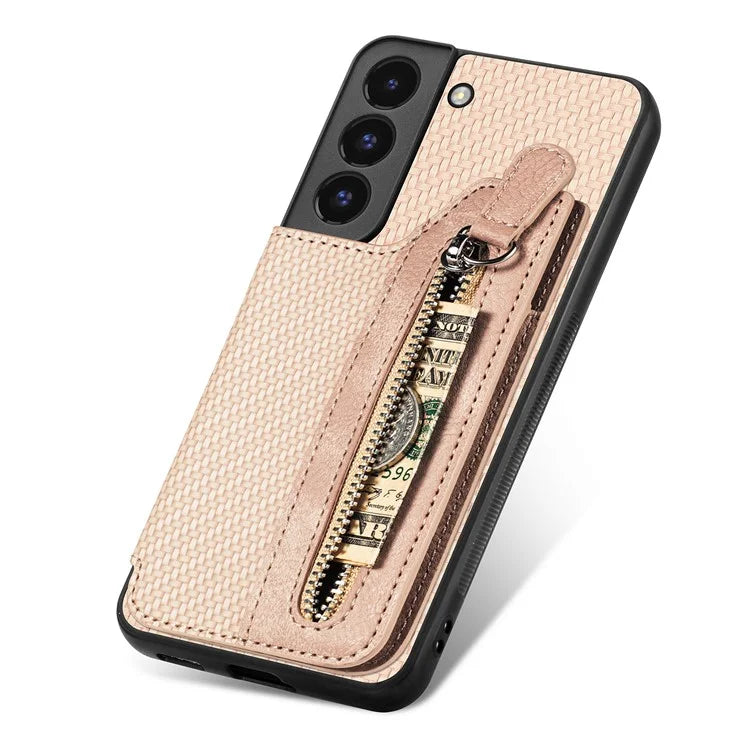 C1-04 For Samsung Galaxy S22+ 5G Case Zipper Wallet Leather Coated PC+TPU Phone Cover