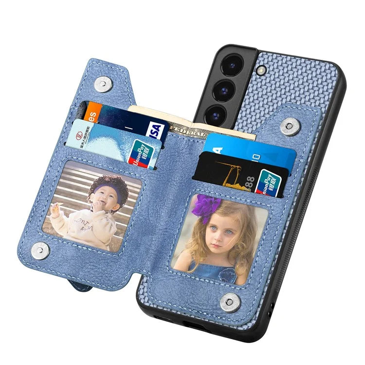 C1-04 For Samsung Galaxy S22 5G Wallet Case Anti-Drop Kickstand PU+PC+TPU Phone Cover