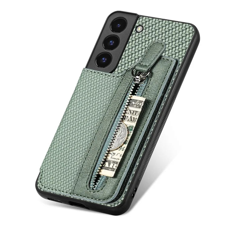 C1-04 For Samsung Galaxy S22 5G Wallet Case Anti-Drop Kickstand PU+PC+TPU Phone Cover