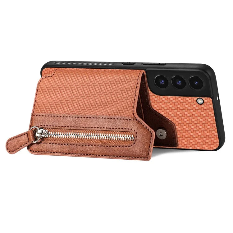C1-04 For Samsung Galaxy S22 5G Wallet Case Anti-Drop Kickstand PU+PC+TPU Phone Cover
