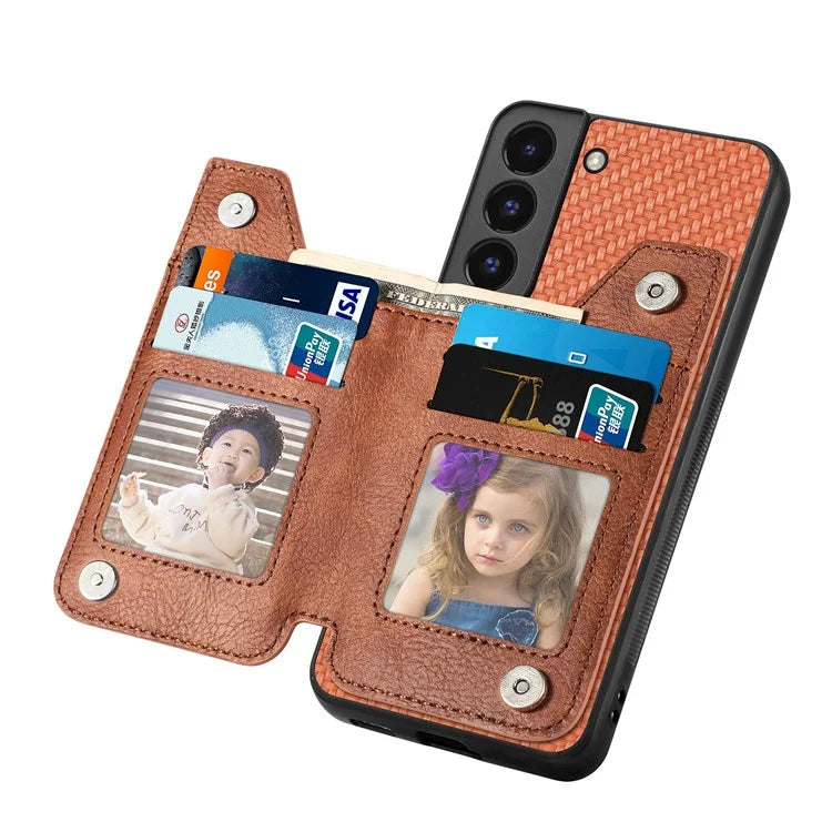 C1-04 For Samsung Galaxy S22 5G Wallet Case Anti-Drop Kickstand PU+PC+TPU Phone Cover