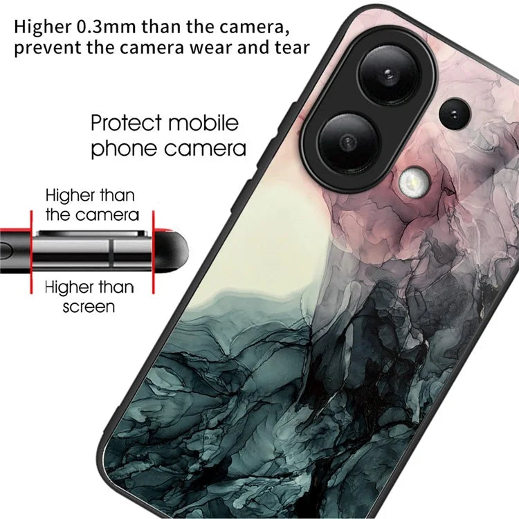 For Xiaomi Redmi Note 13 4G Case Marble Pattern Tempered Glass+PC+TPU+Phone Cover