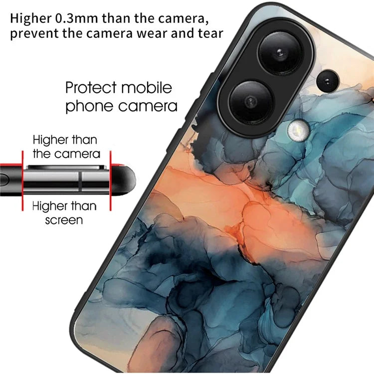 For Xiaomi Redmi Note 13 4G Case Marble Pattern Tempered Glass+PC+TPU+Phone Cover
