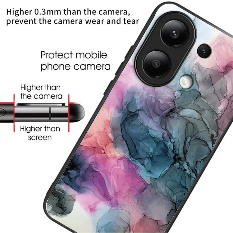 For Xiaomi Redmi Note 13 4G Case Marble Pattern Tempered Glass+PC+TPU+Phone Cover