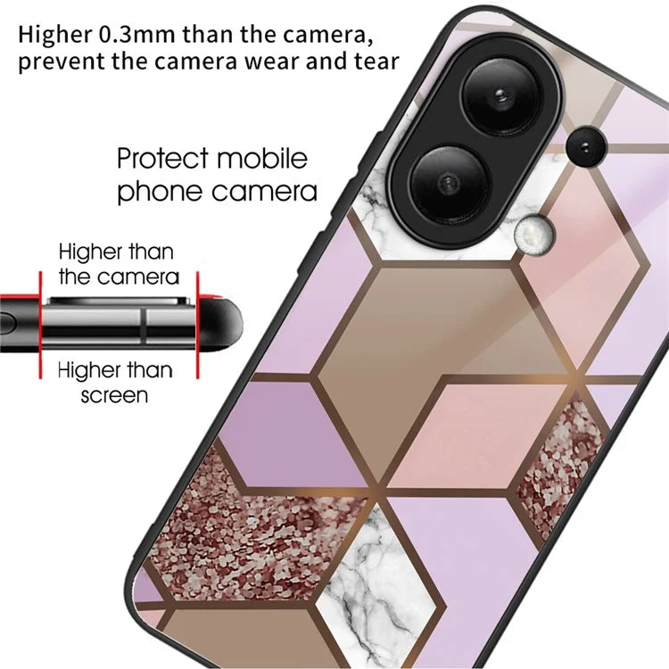 For Xiaomi Redmi Note 13 4G Case Marble Pattern Tempered Glass+PC+TPU+Phone Cover