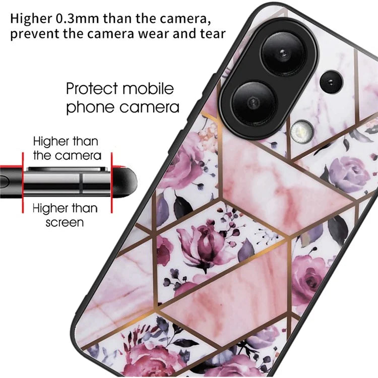 For Xiaomi Redmi Note 13 4G Case Marble Pattern Tempered Glass+PC+TPU+Phone Cover