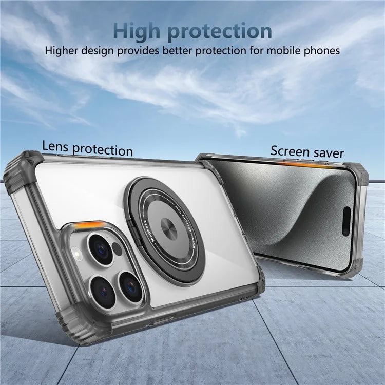 For iPhone 15 Pro Max Magnetic Phone Case PC+TPU Cover with Ring Kickstand