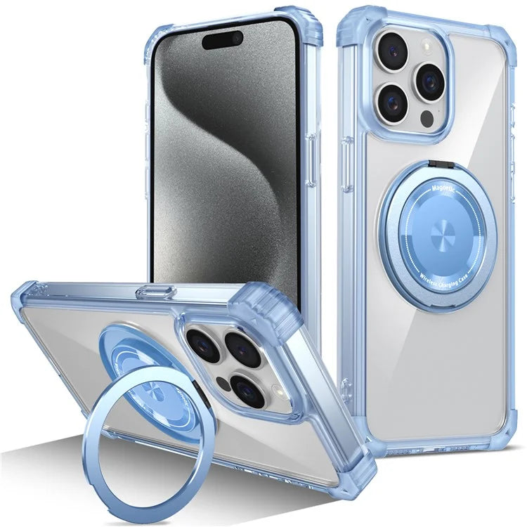 For iPhone 15 Pro Max Magnetic Phone Case PC+TPU Cover with Ring Kickstand