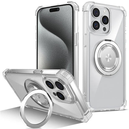 For iPhone 15 Pro Max Magnetic Phone Case PC+TPU Cover with Ring Kickstand