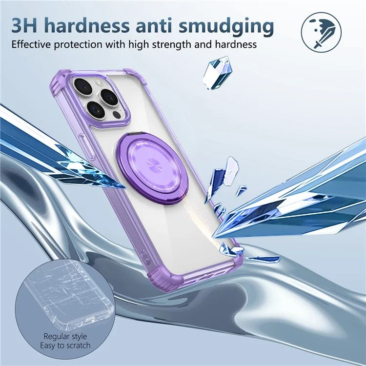 For iPhone 15 Pro Max Magnetic Phone Case PC+TPU Cover with Ring Kickstand Purple