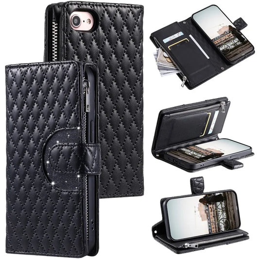 Style 012 for iPhone 7 / 8 / SE (2020) / SE (2022) Leather Case Rhombus Glitter Zipper Wallet Phone Cover