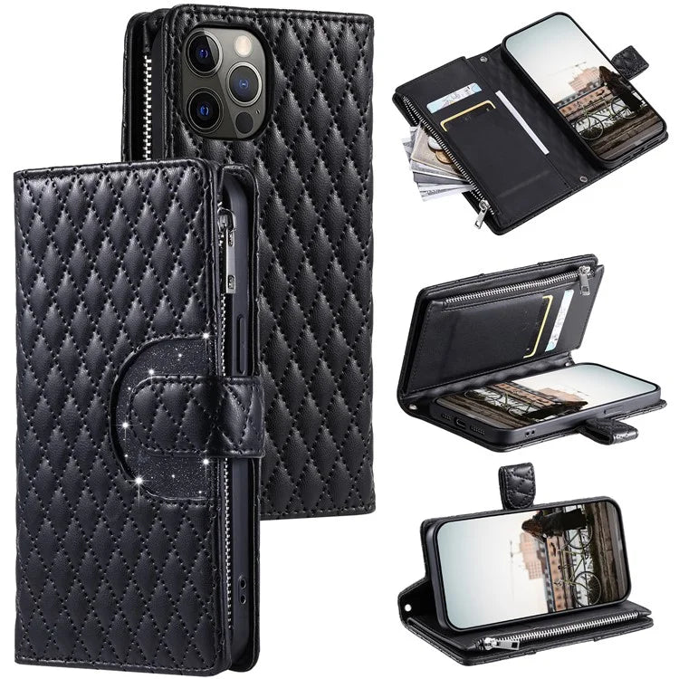 Style 012 for iPhone 12 Pro Max Case Rhombus Glitter Leather Phone Cover with Zipper Pocket