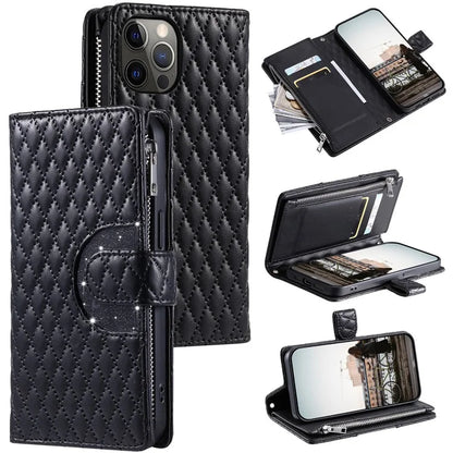 Style 012 for iPhone 12 Pro Max Case Rhombus Glitter Leather Phone Cover with Zipper Pocket