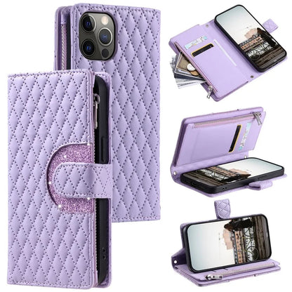 Style 012 for iPhone 12 Pro Max Case Rhombus Glitter Leather Phone Cover with Zipper Pocket