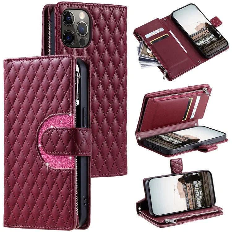Style 012 for iPhone 12 Pro Max Case Rhombus Glitter Leather Phone Cover with Zipper Pocket