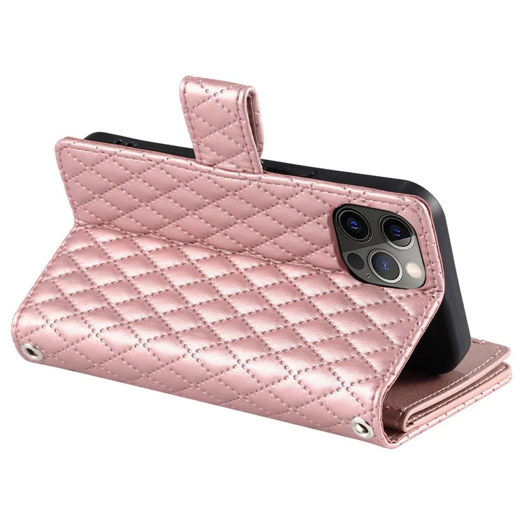 Style 012 for iPhone 12 Pro Max Case Rhombus Glitter Leather Phone Cover with Zipper Pocket