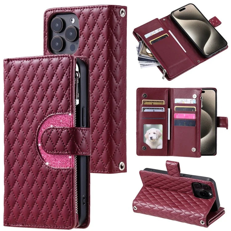 Style 012 for iPhone 13 Pro Wallet Case Rhombus Imprinted Zipper Leather Phone Cover