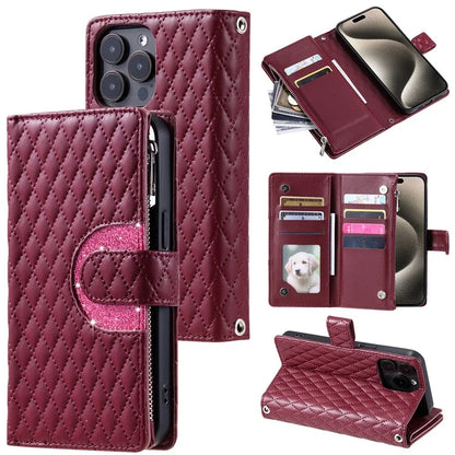 Style 012 for iPhone 13 Pro Wallet Case Rhombus Imprinted Zipper Leather Phone Cover