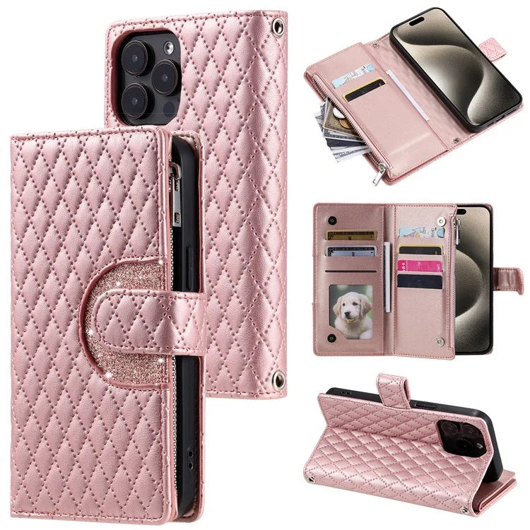 Style 012 for iPhone 13 Pro Wallet Case Rhombus Imprinted Zipper Leather Phone Cover