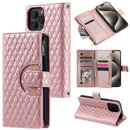 Style 012 for iPhone 13 Pro Wallet Case Rhombus Imprinted Zipper Leather Phone Cover