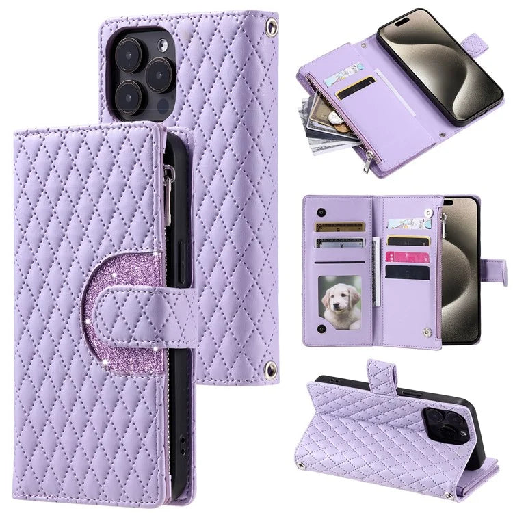 Style 012 for iPhone 14 Pro Max Case Zipper Flip Shockproof Leather Wallet Cover with Hand Strap