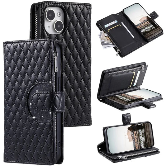 012 Style For iPhone 14 / 13 6.1 inch Case Glitter Rhombus Zipper Wallet Phone Cover with Wrist Strap