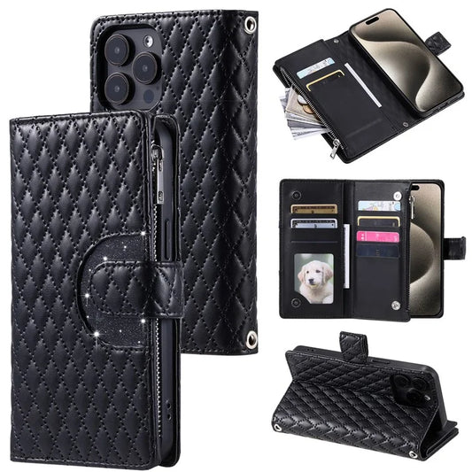 012 Style For iPhone 15 Pro Case Imprinted Glitter Rhombus Leather Phone Cover with Wrist Strap