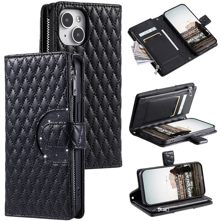 Style 012 for iPhone 15 Plus Leather Case Rhombus Wallet Zipper Phone Cover with Hand Strap