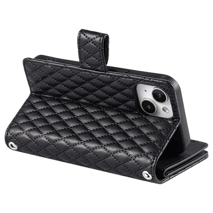 Style 012 for iPhone 15 Plus Leather Case Rhombus Wallet Zipper Phone Cover with Hand Strap