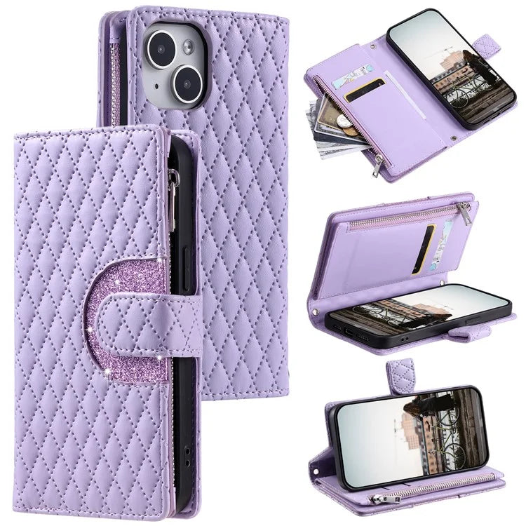 Style 012 for iPhone 15 Plus Leather Case Rhombus Wallet Zipper Phone Cover with Hand Strap