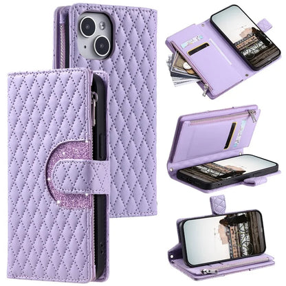 Style 012 for iPhone 15 Plus Leather Case Rhombus Wallet Zipper Phone Cover with Hand Strap