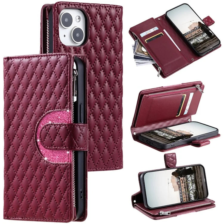Style 012 for iPhone 15 Plus Leather Case Rhombus Wallet Zipper Phone Cover with Hand Strap