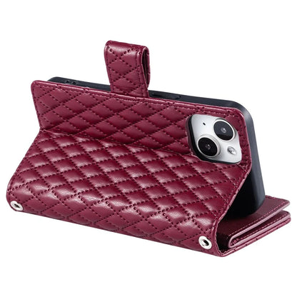 Style 012 for iPhone 15 Plus Leather Case Rhombus Wallet Zipper Phone Cover with Hand Strap