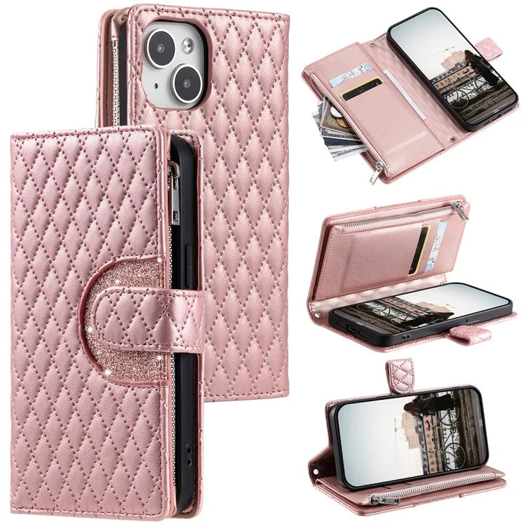 Style 012 for iPhone 15 Plus Leather Case Rhombus Wallet Zipper Phone Cover with Hand Strap