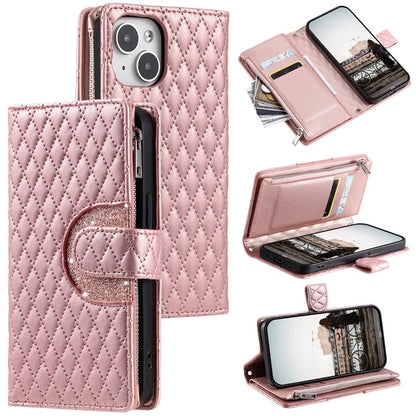 Style 012 for iPhone 15 Plus Leather Case Rhombus Wallet Zipper Phone Cover with Hand Strap