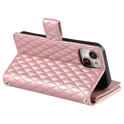 Style 012 for iPhone 15 Plus Leather Case Rhombus Wallet Zipper Phone Cover with Hand Strap