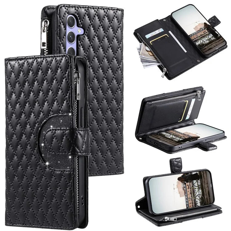 012 Style For Samsung Galaxy A35 5G Cell Phone Case Glitter Rhombus Leather Cover with Wrist Strap