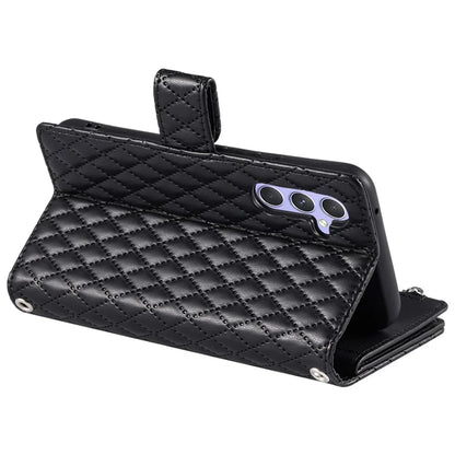012 Style For Samsung Galaxy A35 5G Cell Phone Case Glitter Rhombus Leather Cover with Wrist Strap