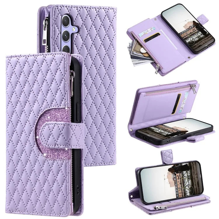 012 Style For Samsung Galaxy A35 5G Cell Phone Case Glitter Rhombus Leather Cover with Wrist Strap