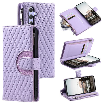 012 Style For Samsung Galaxy A35 5G Cell Phone Case Glitter Rhombus Leather Cover with Wrist Strap