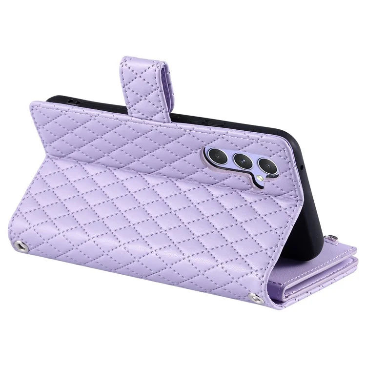 012 Style For Samsung Galaxy A35 5G Cell Phone Case Glitter Rhombus Leather Cover with Wrist Strap