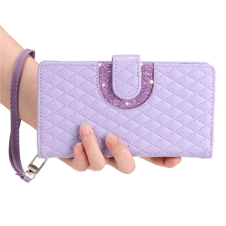 012 Style For Samsung Galaxy A35 5G Cell Phone Case Glitter Rhombus Leather Cover with Wrist Strap
