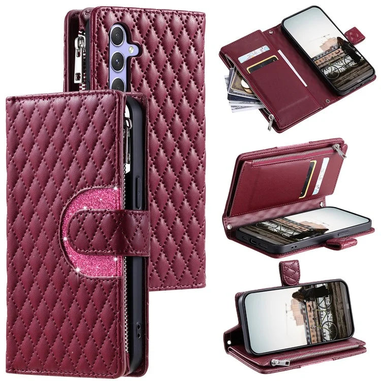 012 Style For Samsung Galaxy A35 5G Cell Phone Case Glitter Rhombus Leather Cover with Wrist Strap