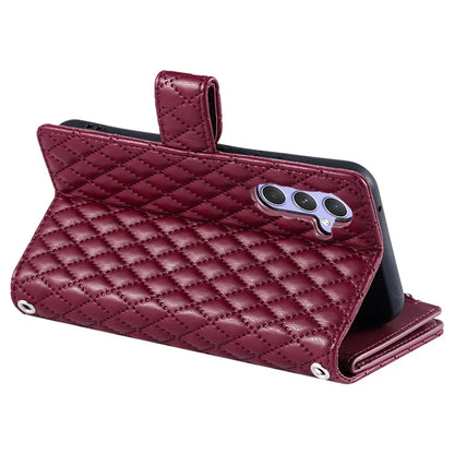 012 Style For Samsung Galaxy A35 5G Cell Phone Case Glitter Rhombus Leather Cover with Wrist Strap