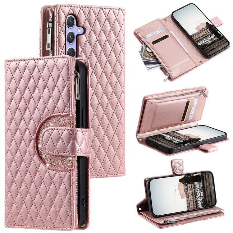 012 Style For Samsung Galaxy A35 5G Cell Phone Case Glitter Rhombus Leather Cover with Wrist Strap
