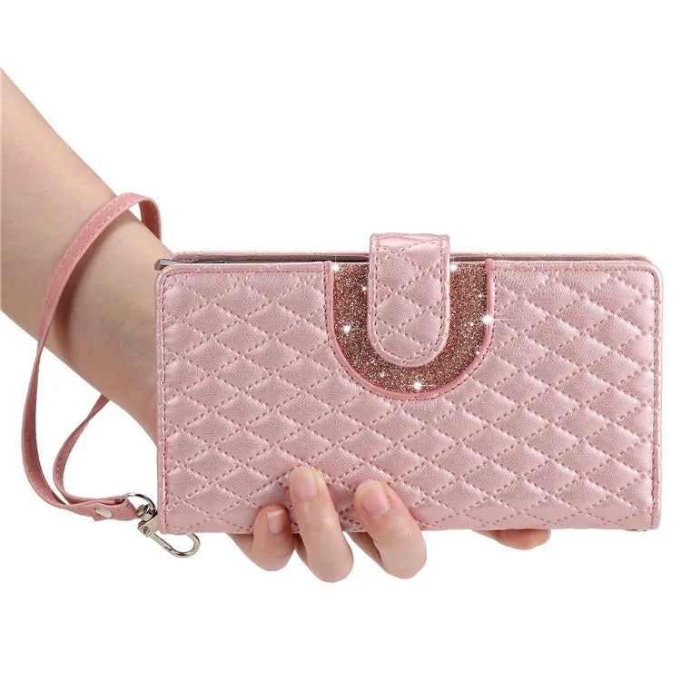 012 Style For Samsung Galaxy A35 5G Cell Phone Case Glitter Rhombus Leather Cover with Wrist Strap
