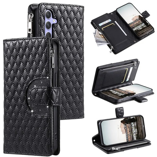 012 Style For Samsung Galaxy A55 5G Magnetic Phone Case Glitter Rhombus Pattern Cover with Wrist Strap